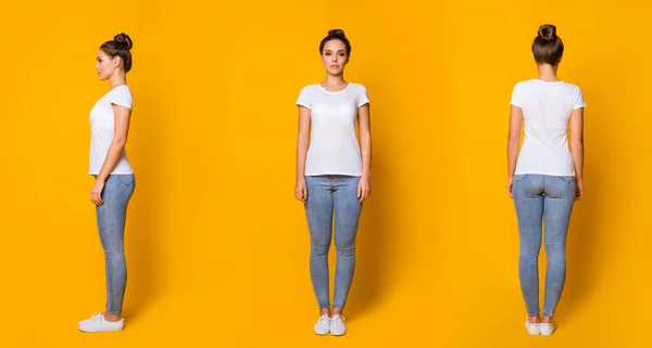 Photo collage of attractive charming confident focused concentrated girl with modern hairdo wearing casual clothes isolated over bright color yellow background — Stock Photo, Image