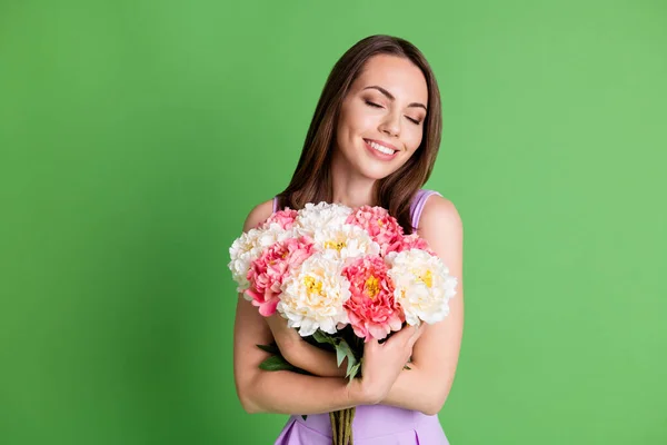 Portret van haar ze mooie aantrekkelijke mooie mooie charmante dromerige vrolijke meisje genieten vakantie gelegenheid houden in handen ruiken verse bloemen geïsoleerde groene kleur achtergrond — Stockfoto