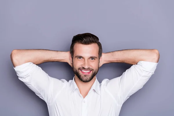 Close-up portrait of his he nice attractive successful glad cheerful cheery man resting pause break dreaming isolated over grey violet purple pastel color background — Stock Photo, Image