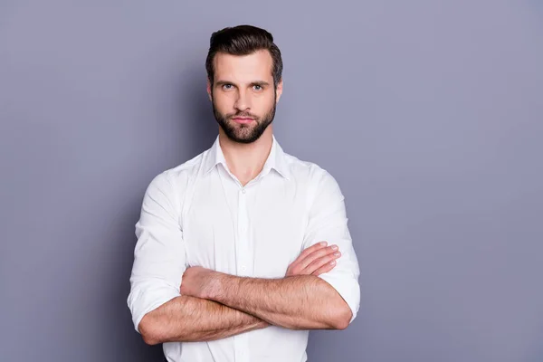 Portret van zijn hij mooie aantrekkelijke inhoud brutale ernstige brunet guy model executive het professionele sales manager gevouwen armen geïsoleerd over grijs pastel kleur achtergrond — Stockfoto