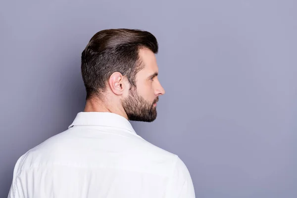 Back rear spine profile side photo of minded pensive macho guy look copyspace have skincare beard spa salon treatment wear white shirt isolated over gray color background — Stock Photo, Image