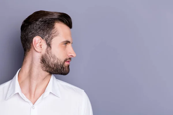 Close-up profile side view portrait of his he nice attractive virile brunet guy groomed unshaven beard copy empty blank place space isolated over gray pastel color background — Stock Photo, Image