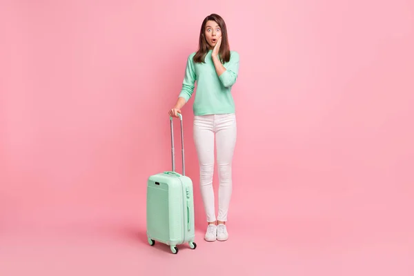 stock image Full length body size view of pretty amazed girl with valise pout lips news reaction isolated over pink pastel color background