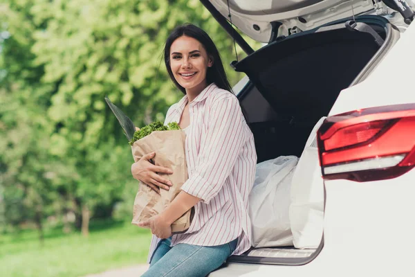 Ritratto di lei ha un bell'aspetto attraente piuttosto allegro allegro signora abbracciando tenendo in mano prodotti gourmet freschi vegs vitamina fornitura godendo sport sportivo dieta consumismo — Foto Stock