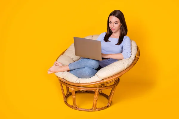 그녀의 매력적 인 외모는 컴퓨터 채팅 클라이언트 지원 전자 뱅킹 서비스를 사용하여 화려 한 위켓 의자에 앉아 있는 예쁜 소녀이다. 밝고 밝은 밝은 노란색 배경 — 스톡 사진