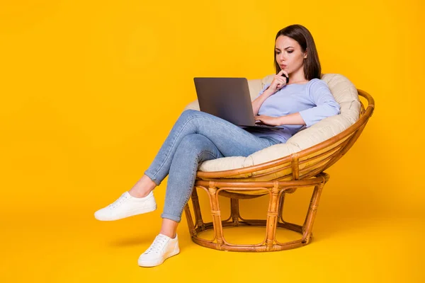 Προφίλ άποψη πλευρά της αυτή ωραία ελκυστική μυαλό επικεντρώθηκε εξειδικευμένο κορίτσι κάθεται σε ψάθινη καρέκλα χρησιμοποιώντας web laptop λήψη αποφάσεων ψώνια απομονωμένη φωτεινό ζωντανό λάμψη ζωντανό κίτρινο χρώμα φόντο — Φωτογραφία Αρχείου