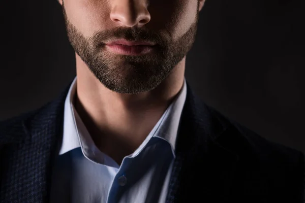 Close-up cropped view portrait of his he nice attractive rich wealthy groomed elegant employer guy finance expert agent broker director classy trend isolated over dark black color background — Stock Photo, Image