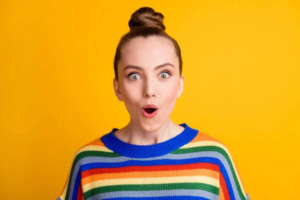 Portrait of astonished girl cant believe she look wonderful bargain novelty wear jumper isolated over bright color background — Stock Photo, Image