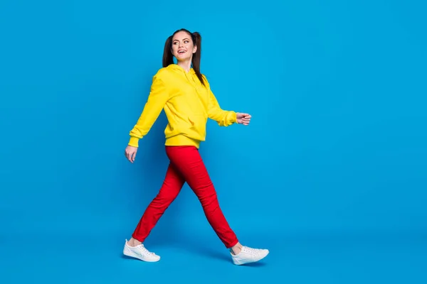 Volledige lengte profiel foto van vrolijke dame twee staarten goed humeur wandeling straat zie vrienden ontmoeting dragen casual geel hoodie pullover rode broek sneakers geïsoleerd helder blauw kleur achtergrond — Stockfoto