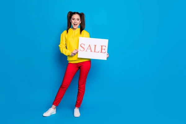 Ganzes Foto von attraktiven lustigen Dame zwei Schwänze halten Hände Papier Plakat Verkauf Banner Shop Assistent tragen lässig gelben Kapuzenpullover rote Hose isoliert blaue Farbe Hintergrund — Stockfoto