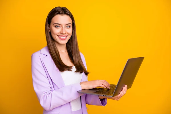 Profile photo of charming business lady holding notebook hands chatting colleagues partners deal corporate questions wear lilac suit isolated yellow color background — Stock Photo, Image