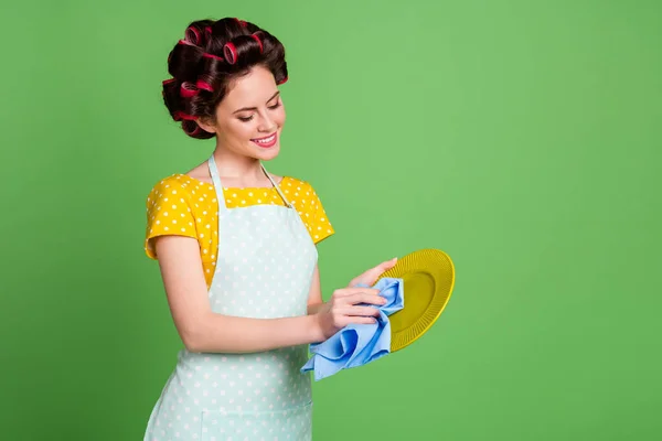 Portrait of her she nice attractive pretty glamorous charming cheerful focused maid wearing curlers wiping polishing cleansing plate easy fast service isolated over green color background — Stock Photo, Image