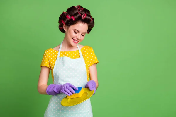 Photo positive house wife vintage lady wash plates sponge prepare family meeting event holiday dinner wear violet gloves dotted dress hair rollers curlers isolated green color background — Stock Photo, Image