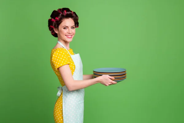 Profiel side view portret van haar ze mooie mooie mooie mooie vrolijke vrolijke meid dragen krulspelden in handen stapel stapel stapel netjes netjes borden serveren tafel geïsoleerd over groene kleur achtergrond — Stockfoto