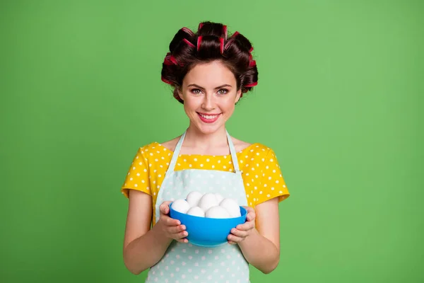 Foto di bella bella giovane signora rullo hairdo sorriso lucido tenere piatto uova fresche preparazione ricetta cucinare uova strapazzate indossare punteggiato grembiule camicia isolato colore verde sfondo — Foto Stock