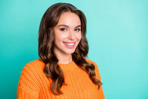 Photo of young attractive cheerful curly hair girl happy positive smile isolated over teal color background — Stock Photo, Image