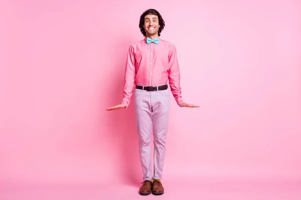 Full size photo of happy positive young gentleman beaming smile shy isolated on pastel pink color background — Stock Photo, Image