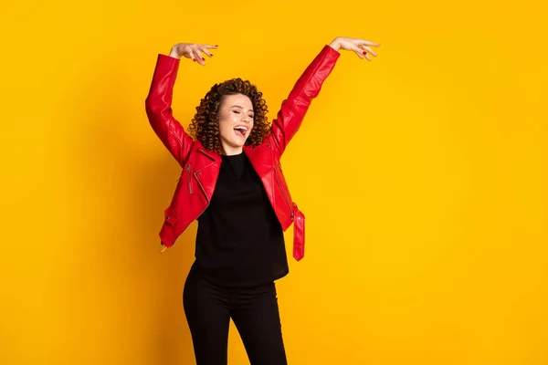 Portrait of her she nice attractive cheerful dreamy wavy-haired girl moving dancing having fun isolated on bright yellow color background — Stock Photo, Image