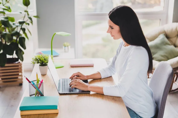 Profilo foto laterale di donna concentrata scrivere rapporto d'affari in salotto casa all'interno della casa — Foto Stock