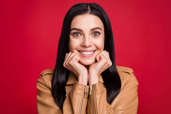 Foto di soddisfatto attraente persona braccia sulle guance sorriso dentato sguardo eccitato isolato su sfondo di colore rosso vivido — Foto Stock