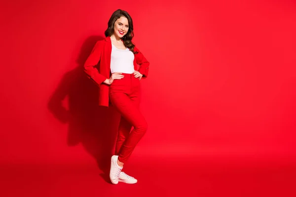 Foto em tamanho completo de elegante deslumbrante linda senhora stand espaço vazio colocar as mãos cintura isolada sobre fundo de cor vermelha brilhante — Fotografia de Stock