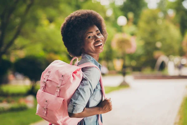 Widok z bellow zdjęcie portret śmiechu szczęśliwie czarny skóra pozytywna studentka spacery w parku noszenie różowy plecak uśmiechnięty — Zdjęcie stockowe