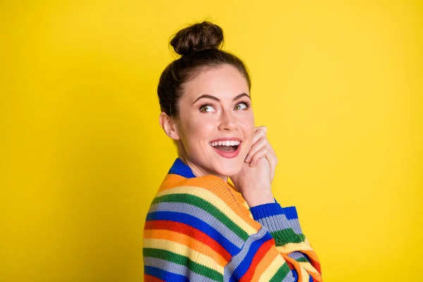 Portrait of charming lady open mouth look empty space folded palms isolated on bright yellow color background — Stok Foto