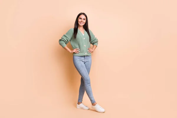 Full length photo of pretty joyful young lady hold hands waist beaming smile isolated on beige color background — Stock Photo, Image