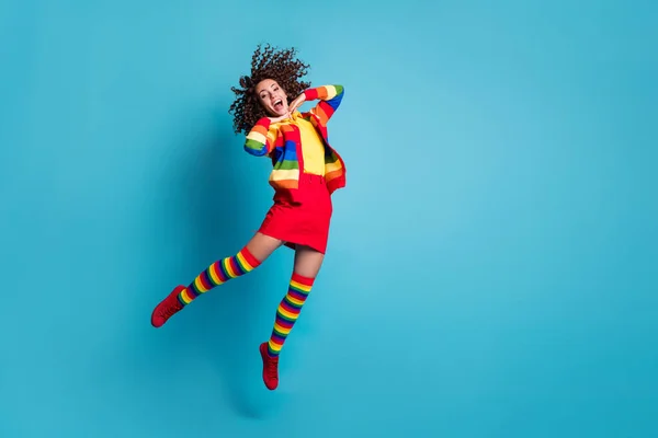 Full body photo of attractive young careless girl wear skirt jump fly happy smile rejoice isolated over blue color background — Stock Photo, Image