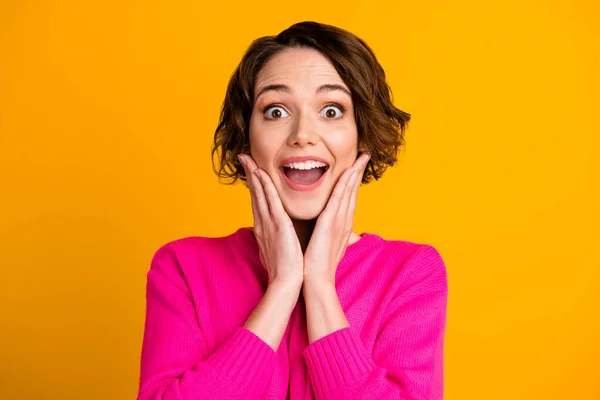 Portrait of astonished girl touch hands face open mouth scream wear pullover isolated over bright color background — Stock Photo, Image