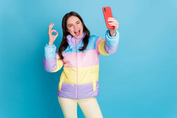 Foto ritratto di donna che mostra ok-segno che tiene il telefono in una mano isolato su sfondo color blu pastello — Foto Stock