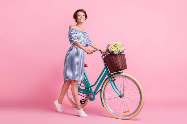 Fotoporträt der netten Frau mit Fahrrad mit zwei Händen isoliert auf pastellrosa farbigem Hintergrund — Stockfoto