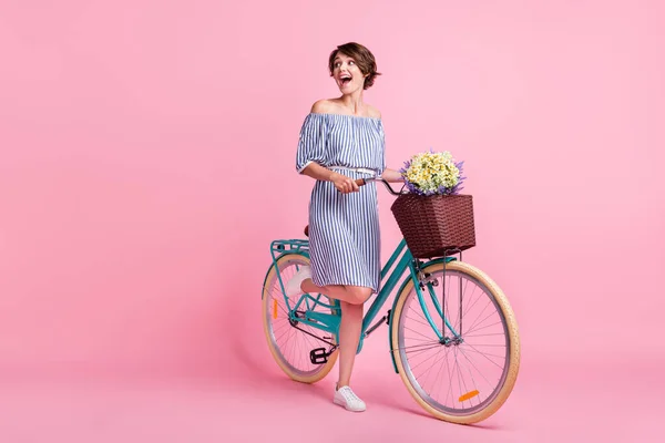 Foto retrato de mulher segurando bicicleta com flores cesta frontal de pé em uma perna isolada no fundo de cor rosa pastel — Fotografia de Stock