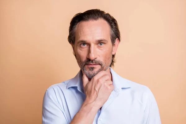 Detailní-up portrét seriózní chytrý muž středního věku vytváří strategii dotýkání brady izolované přes béžové pastelové barvy pozadí — Stock fotografie