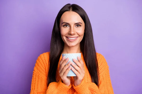 Photo of adorable person hands hold drink cup toothy smile wear sweater isolated on violet color background — Stock Photo, Image