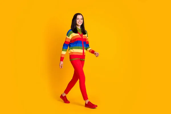 Foto de perfil em tamanho completo de muito jovem senhora andando desgaste arco-íris casaco vermelho calças tênis isolado fundo amarelo brilhante — Fotografia de Stock