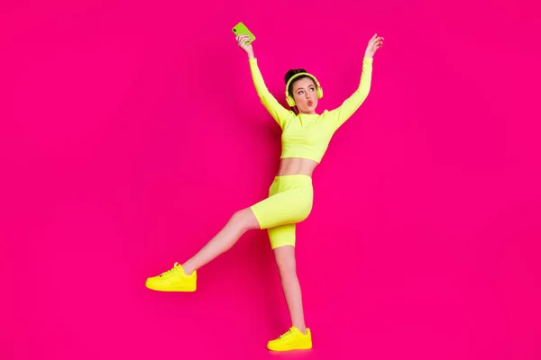 Full length body size view of her she nice attractive slim fit funky cheerful girl listening pop music dancing having fun pout lips isolated bright vivid shine vibrant pink fuchsia color background — Stock Photo, Image