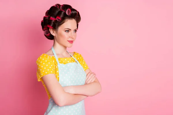 Turned photo of attractive housewife cross hands look copyspace isolated over pastel color background — Stock Photo, Image