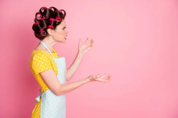 Profil Seitenansicht Porträt ihrer attraktiven aggressiven Hausmädchen mit Kampf schlechte Laune Kopierraum isoliert auf rosa Pastellfarbe Hintergrund — Stockfoto