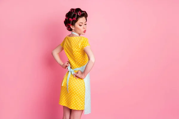 Bakre ryggraden visa foto av söt flicka bära förkläde retro stil kläder hårrullar isolerade över rosa färg bakgrund — Stockfoto
