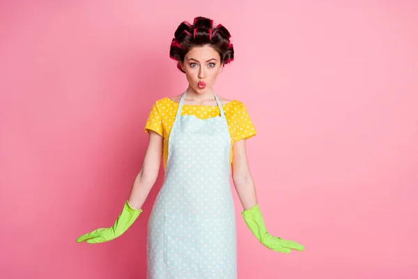 Photo of sweet housekeeper look in camera lips plump wear apron hair curlers isolated over pastel color background — Stock Photo, Image