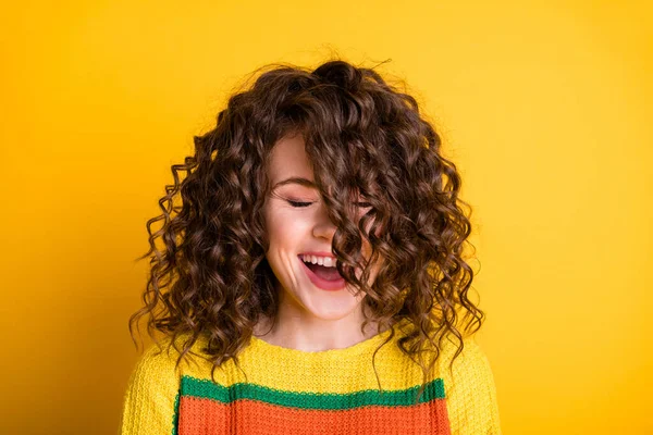 Photo of dreamy charming girl close eyes open mouth hair cover face wear striped cropped pullover isolated yellow color background — Stock Photo, Image