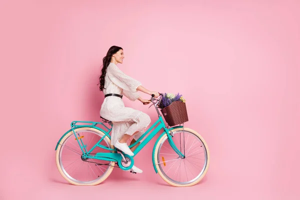 Longitud completa cuerpo tamaño foto mujer cabalgando bilis con flores vestido punteado buscando copyspace sonriendo aislado pastel rosa color fondo — Foto de Stock