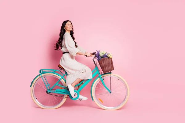 Comprimento total tamanho do corpo foto mulher ciclismo com flores selvagens vestido branco olhando espaço em branco rindo isolado pastel cor-de-rosa fundo — Fotografia de Stock