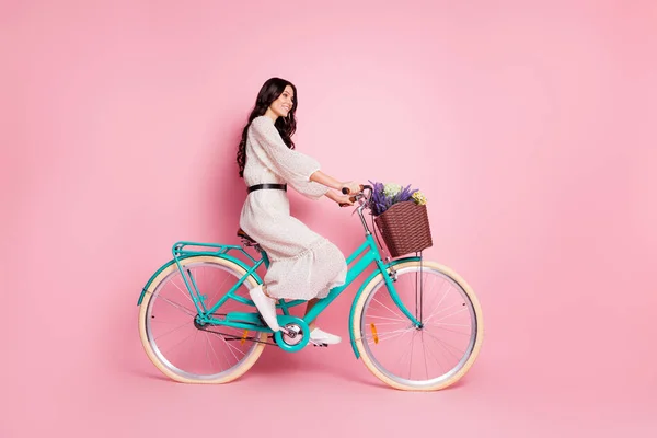 Pełna długość ciała rozmiar zdjęcie ciekawska kobieta jazda na rowerze z dzikimi kwiatami w sukience patrząc puste miejsce odizolowane pastelowy różowy kolor tło — Zdjęcie stockowe
