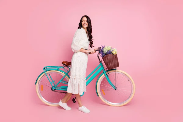 Tamanho total do corpo foto de menina curiosa mantendo bicicleta com flores silvestres olhando espaço em branco isolado no fundo cor-de-rosa pastel — Fotografia de Stock