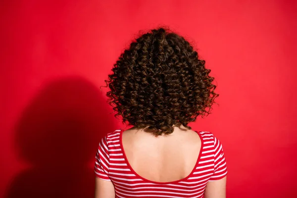 Vista posterior posterior de la columna vertebral foto de cabello joven rizado marrón chica volumen peinado de incógnito aislado sobre fondo de color rojo —  Fotos de Stock