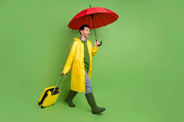 Foto lateral de perfil de tamanho completo do jovem feliz homem positivo ir andar bagagem de porão e guarda-chuva isolado no fundo de cor verde — Fotografia de Stock