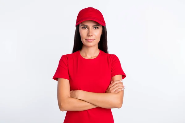 Photo of young happy smiling lovely delivery woman with folded hands professional isolated on grey color background — Stockfoto