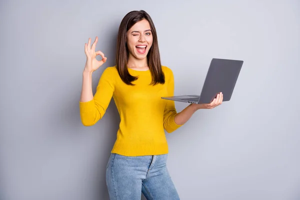 Portré szép boldog vidám lány kezében laptop mutatja ok-jel kacsintás tanácsot elszigetelt szürke színű háttér — Stock Fotó